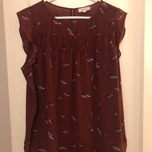 Ann Taylor Loft Outlet Maroon Bird Blouse, Size XL